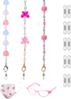 Mask Chains for Kids 3Pack Acrylic Glasses Chain Face Mask Holder Lightweight Lanyard Beaded Mask Anti-Lost Necklace with 16 Eyeglasses Chain Ends for Teens Girls Women Gifts, Silver