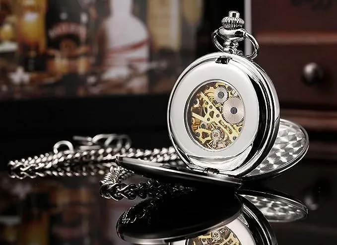 Mechanical Pocket Watches for Men, Lucky Dragon and Phoenix, Skeleton Pocket Watch with Chain