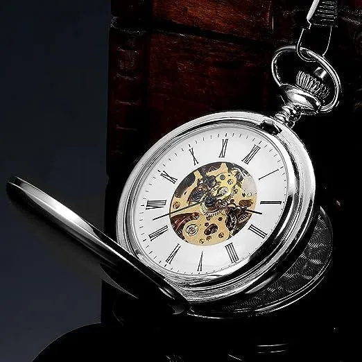 Mechanical Pocket Watches for Men, Lucky Dragon and Phoenix, Skeleton Pocket Watch with Chain