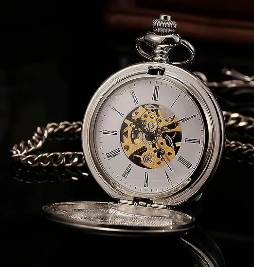 Mechanical Pocket Watches for Men, Lucky Dragon and Phoenix, Skeleton Pocket Watch with Chain