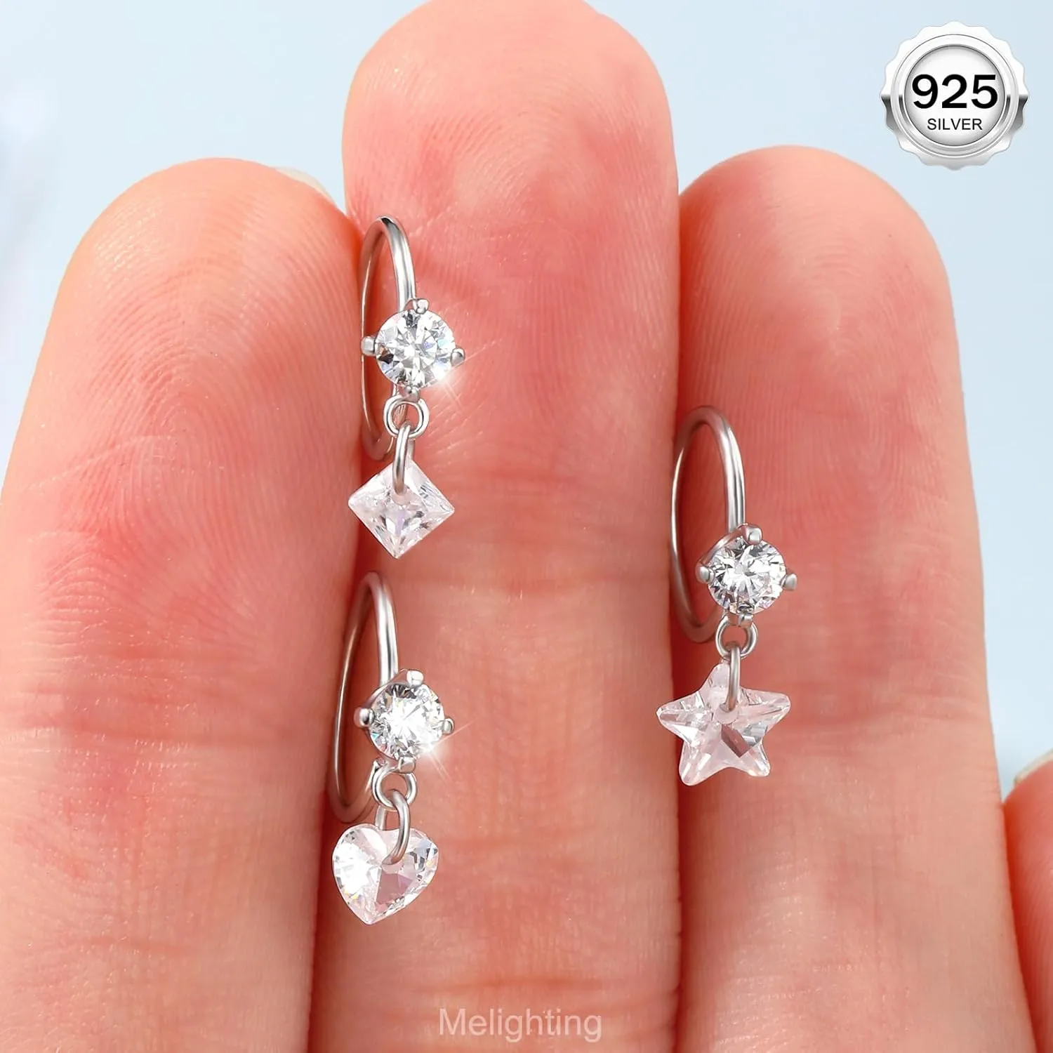 Melighting 20G Nose Hoop Ring 925 Sterling Silver Seamless Open Nose Piercing Dangle Star/Square/Heart Helix Earring Clear CZ 8 mm Cartilage Earring Nose Ring