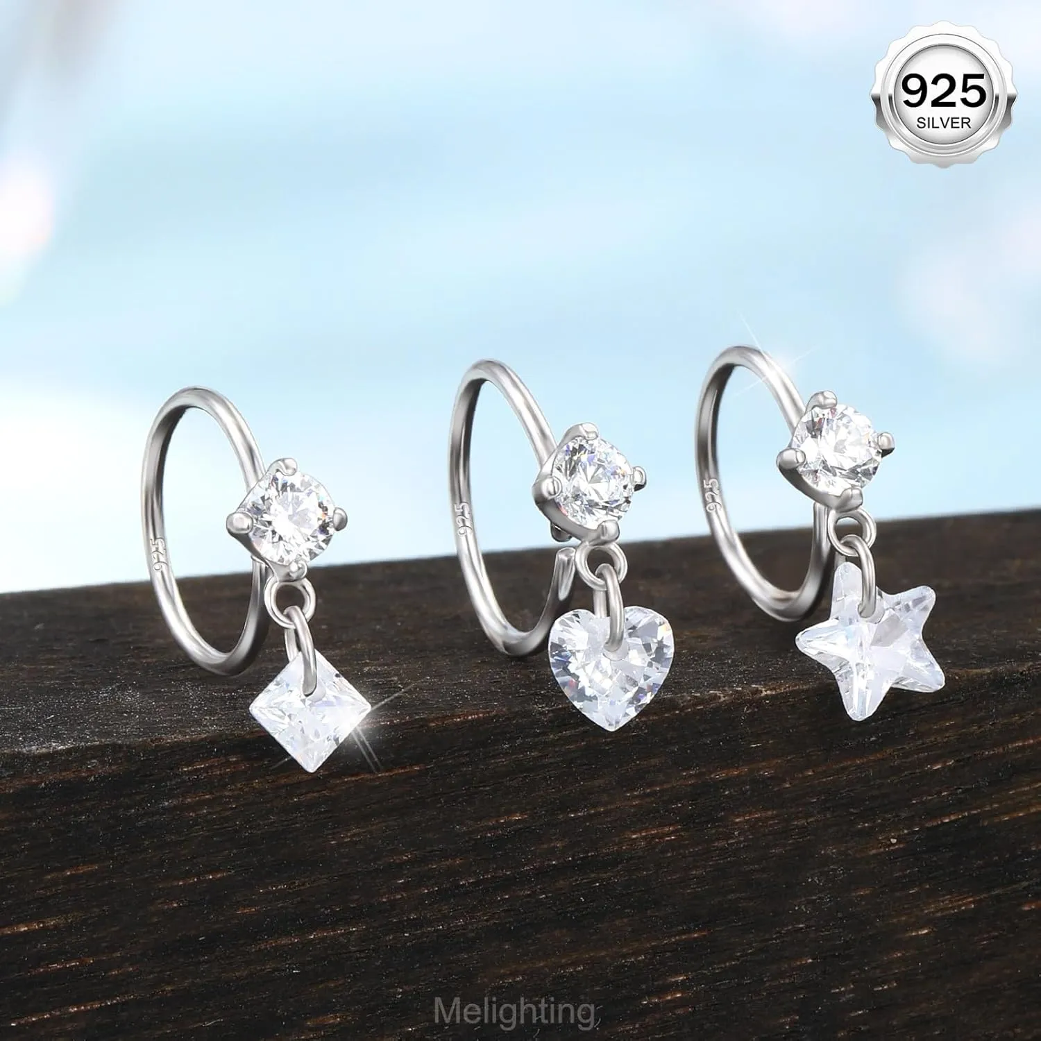 Melighting 20G Nose Hoop Ring 925 Sterling Silver Seamless Open Nose Piercing Dangle Star/Square/Heart Helix Earring Clear CZ 8 mm Cartilage Earring Nose Ring