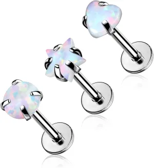 Melighting 3PCS Labret Piercing 16G Surgical Steel Lip Rings Opal with Star Heart Helix Earring Studs Internally Threaded Labret Stud Tragus Piercing Jewelry