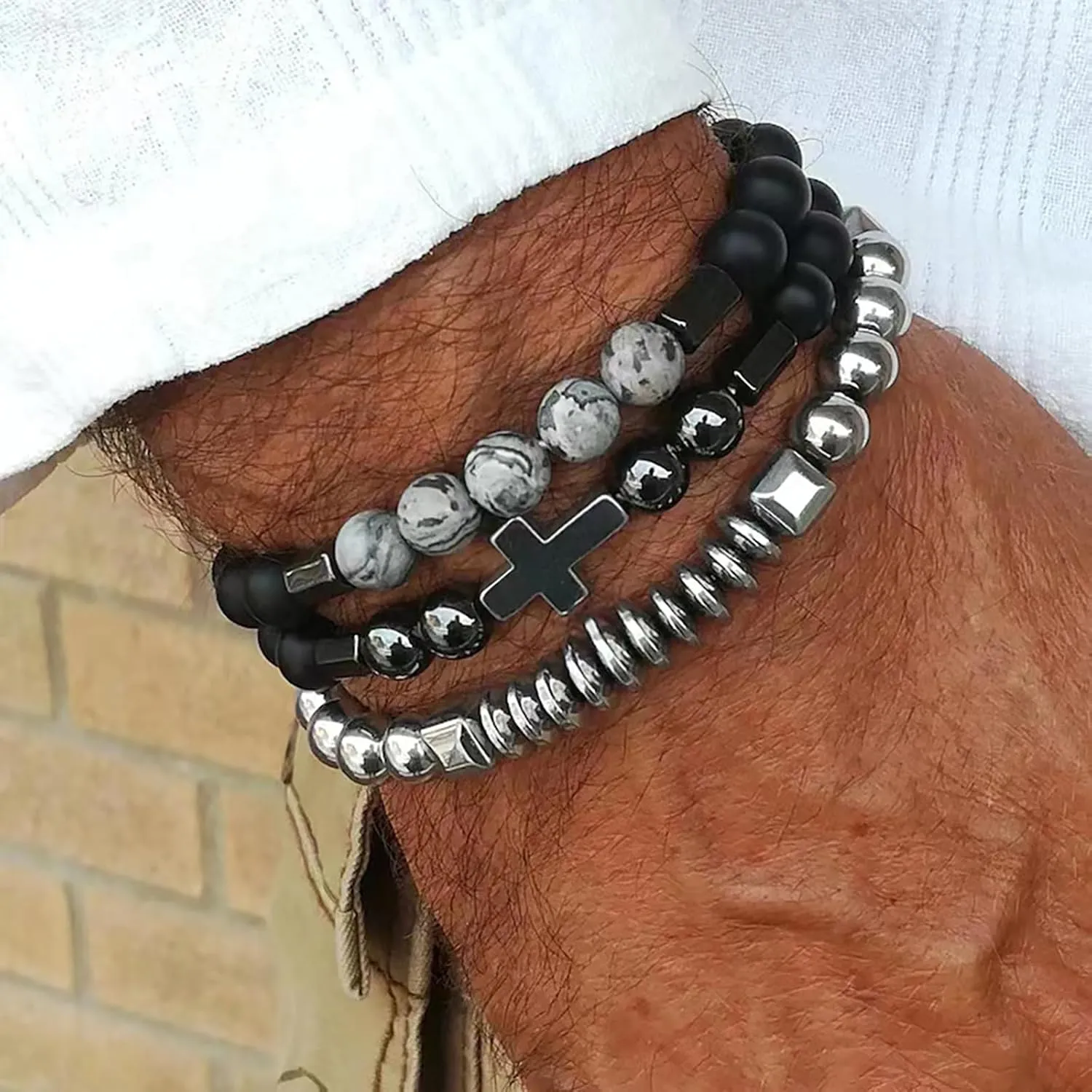 Mens Beaded Bracelet for Men Cross Bracelet for Men Dainty Stackable Bracelet Men's Bracelet Stack Jewelry Gifts Stocking Stuffers for Men