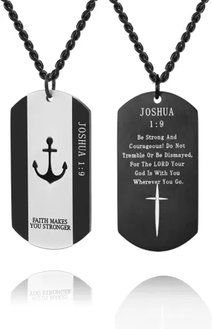 Men's Bible Verse Cross Joshua 1:9 Necklace Stainless Steel Anchor Dog Tag Christians Isaiah 41:10 Pendant Necklace, Be Strong and Courageous Jewelry for Birthday Christmas