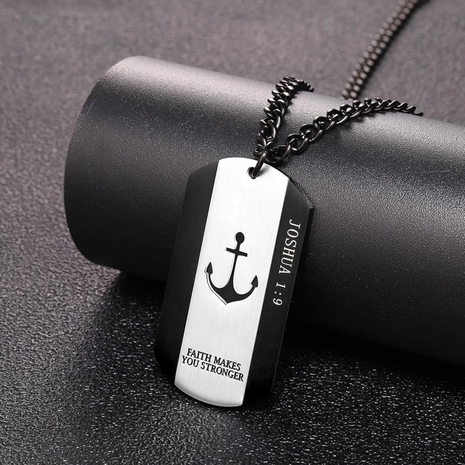 Men's Bible Verse Cross Joshua 1:9 Necklace Stainless Steel Anchor Dog Tag Christians Isaiah 41:10 Pendant Necklace, Be Strong and Courageous Jewelry for Birthday Christmas