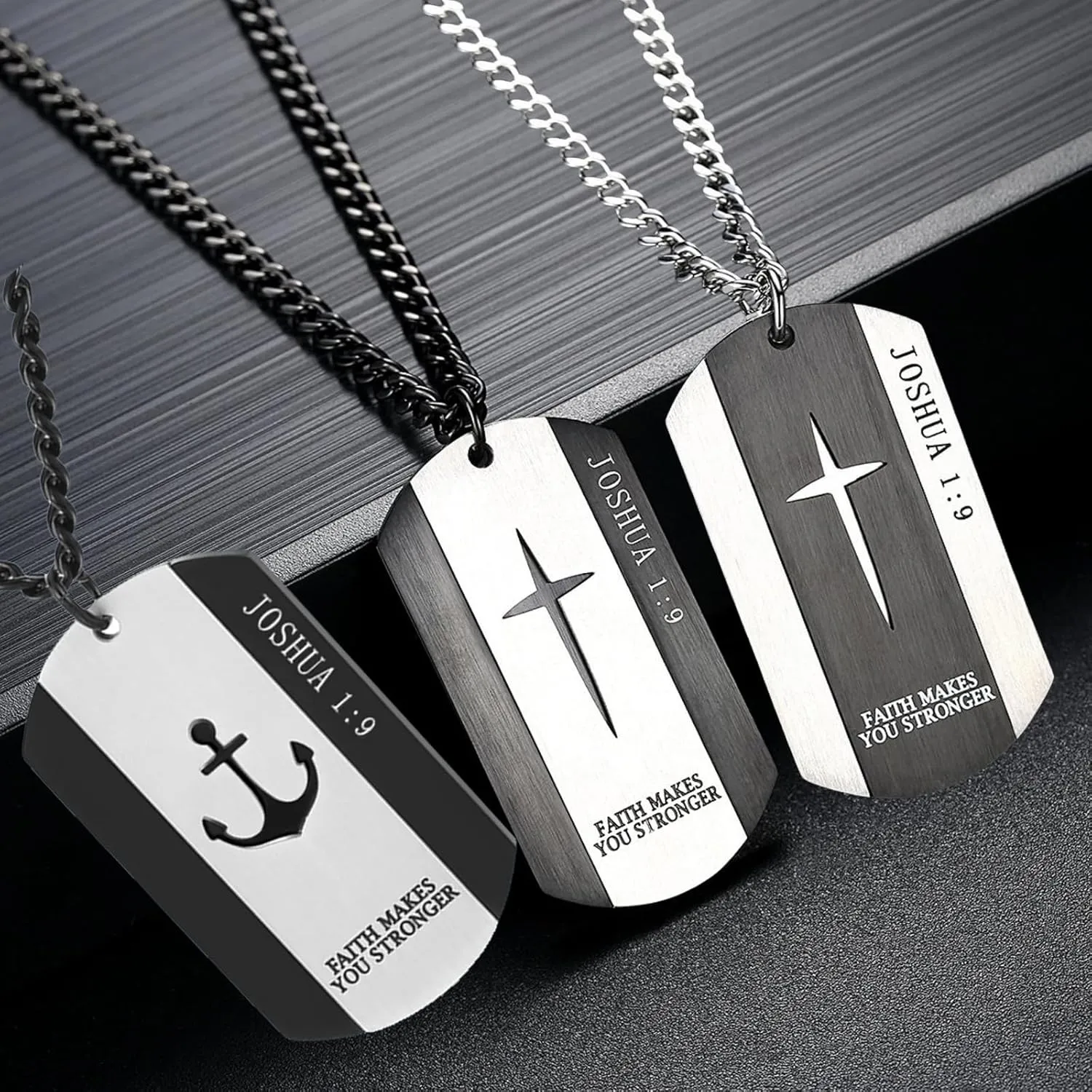 Men's Bible Verse Cross Joshua 1:9 Necklace Stainless Steel Anchor Dog Tag Christians Isaiah 41:10 Pendant Necklace, Be Strong and Courageous Jewelry for Birthday Christmas