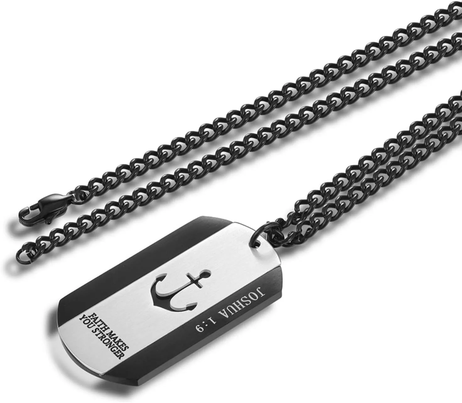 Men's Bible Verse Cross Joshua 1:9 Necklace Stainless Steel Anchor Dog Tag Christians Isaiah 41:10 Pendant Necklace, Be Strong and Courageous Jewelry for Birthday Christmas