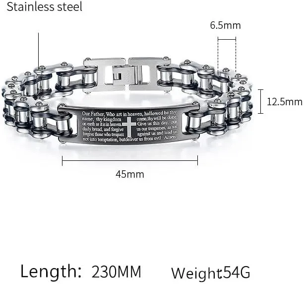 Mens Bible Verse Lords Prayer Cross ID Bracelets Fathers Day Christmas Easter Masculine Motorcycle Chain Bangle Bracelet with English