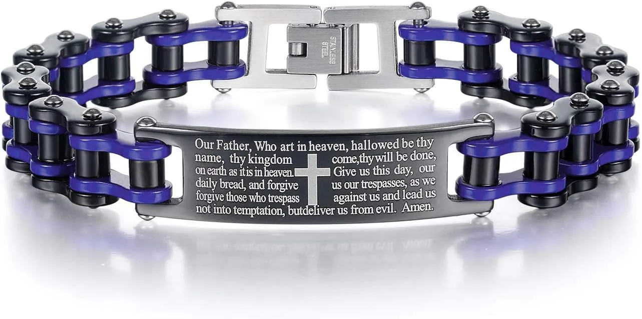 Mens Bible Verse Lords Prayer Cross ID Bracelets Fathers Day Christmas Easter Masculine Motorcycle Chain Bangle Bracelet with English