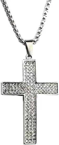 Men's Cross Necklace Brass Gold Plating Pendant Cubic Zirconia Crucifix Jewelry 24in Rope Chain