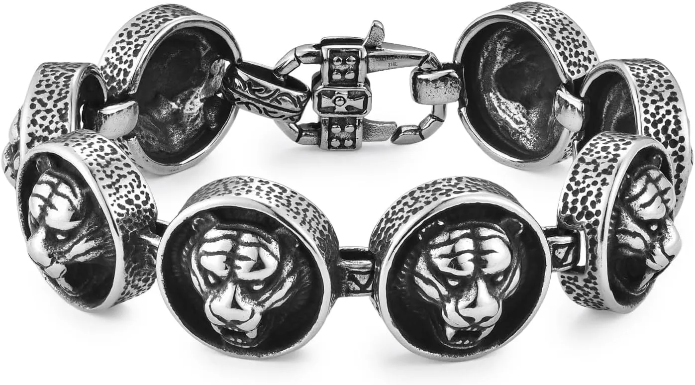 Men's Gothic Tiger Head Link Chian Bracelet, Textured Stainless Steel Round Charm Link Bracelet for Men, Antique Silver Finish, Punk Rock Vintage Style