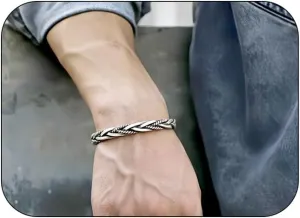 Mens Silver Cuff Bracelet - Adjustable Bangle with Vintage Twisted Design