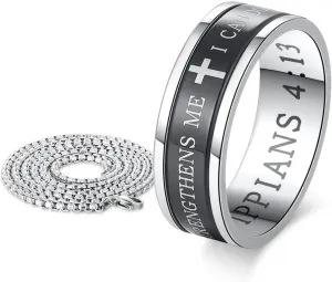 Mens Stainless Steel Classical Ring I Can Do All Things Bible Verse Christian Cross Ring Wedding Band Ring For Anniversary Birthday