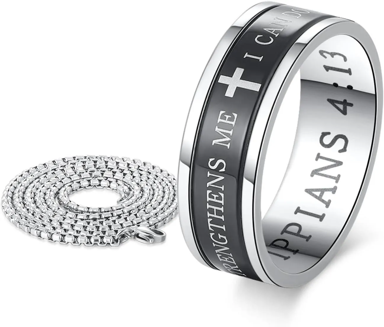 Mens Stainless Steel Classical Ring I Can Do All Things Bible Verse Christian Cross Ring Wedding Band Ring For Anniversary Birthday