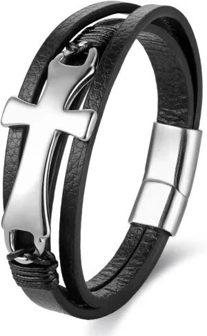Mens Stainless Steel Mirror Polished Horizontal Sideway Lateral Cross Three-strand Black Leather Bangle Bracelet, Religion Prayer, Elegant Classic