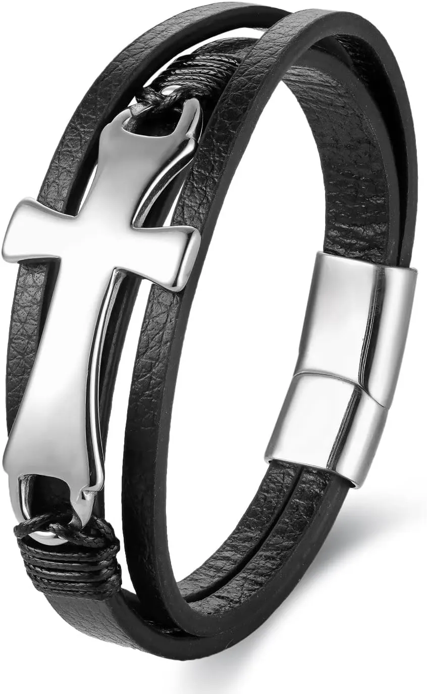 Mens Stainless Steel Mirror Polished Horizontal Sideway Lateral Cross Three-strand Black Leather Bangle Bracelet, Religion Prayer, Elegant Classic