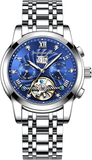 Mens Watches Automatic Mechanical Watch with Blue Dial Multi-Function Display Silver and Gold Tone Bracelet - Elegant and Intricate Design