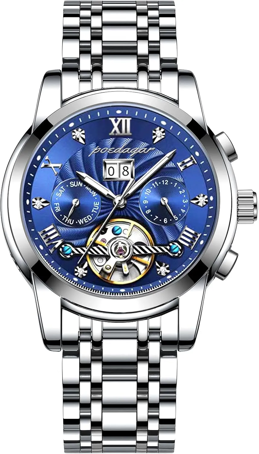 Mens Watches Automatic Mechanical Watch with Blue Dial Multi-Function Display Silver and Gold Tone Bracelet - Elegant and Intricate Design