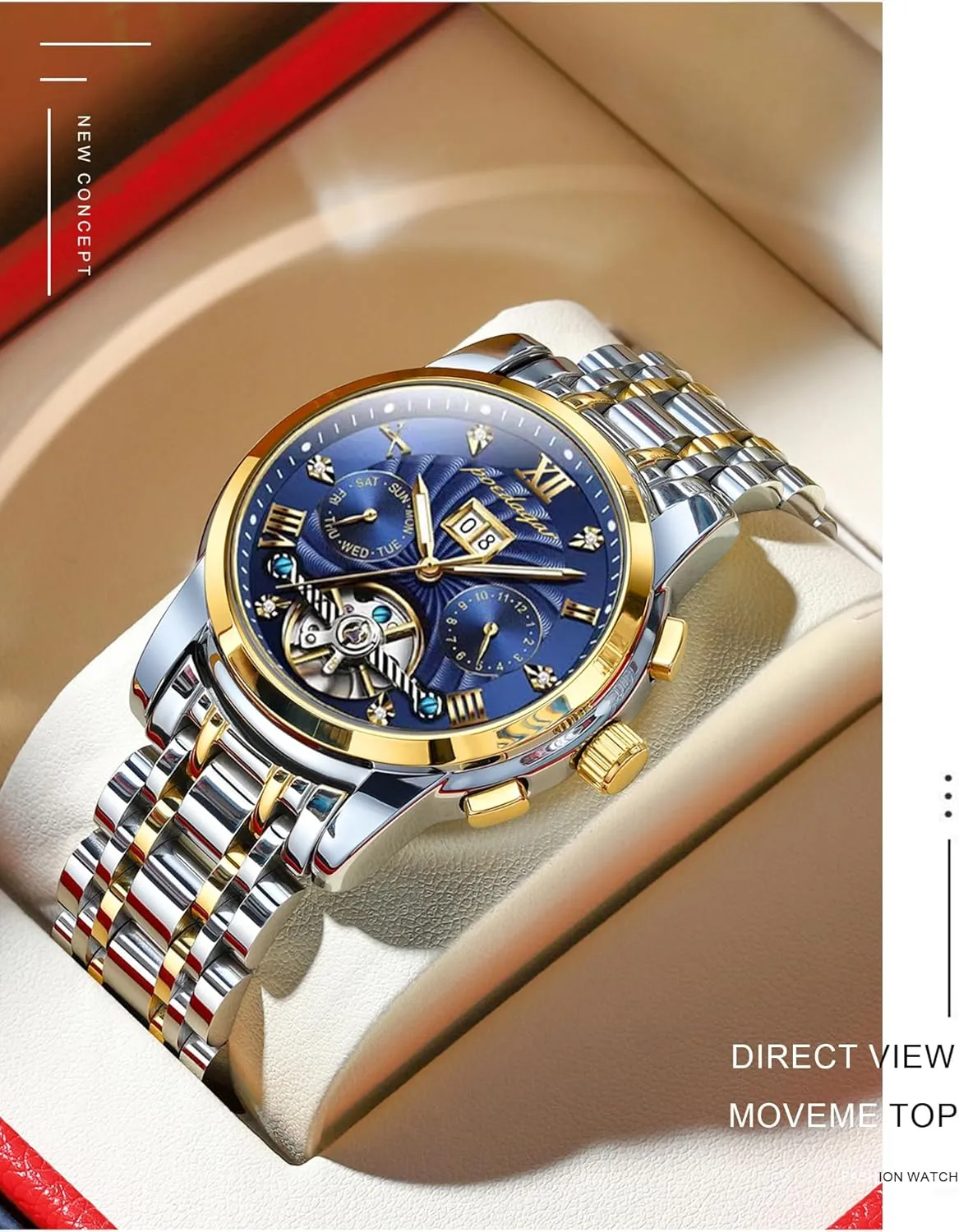 Mens Watches Automatic Mechanical Watch with Blue Dial Multi-Function Display Silver and Gold Tone Bracelet - Elegant and Intricate Design