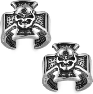 Mens Womens 13MM Stainless Steel Gothic Skull Cross Ear Cuff, Antique Silver Vintage Helix Cartilage Clip On Earrings, Unisex, Punk Rock Style