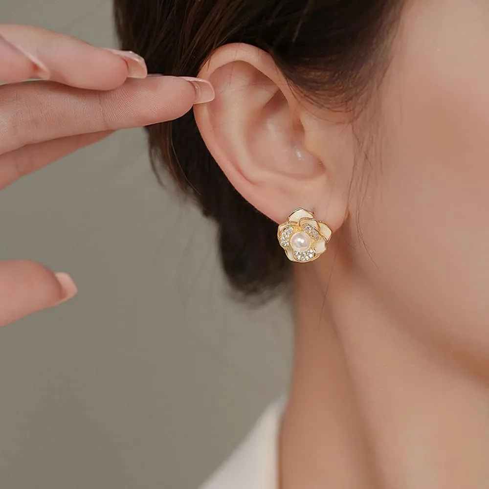 MIKAMU Elegant Pearl Flower StudEarrings for Women 14K Gold CZ cubic zirconia Gold Plated Pearl Earring for Women Jewelry