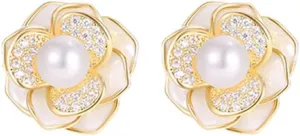 MIKAMU Elegant Pearl Flower StudEarrings for Women 14K Gold CZ cubic zirconia Gold Plated Pearl Earring for Women Jewelry