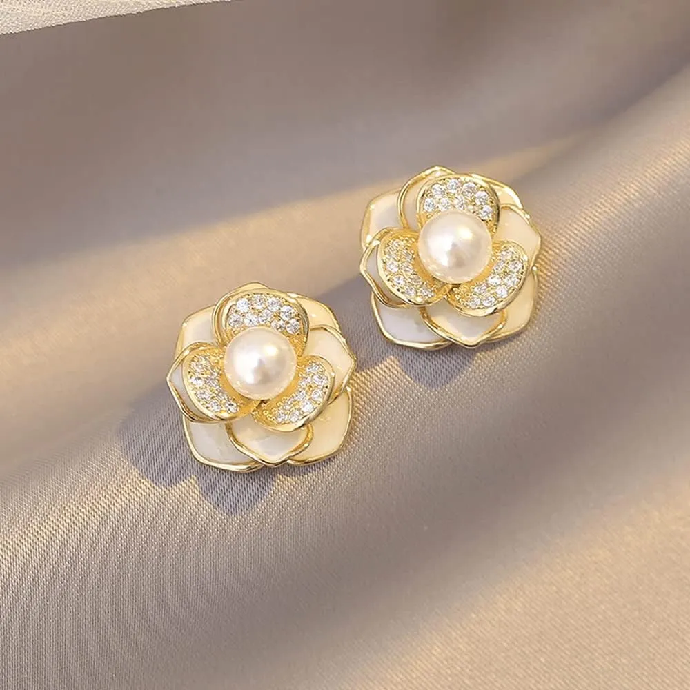 MIKAMU Elegant Pearl Flower StudEarrings for Women 14K Gold CZ cubic zirconia Gold Plated Pearl Earring for Women Jewelry