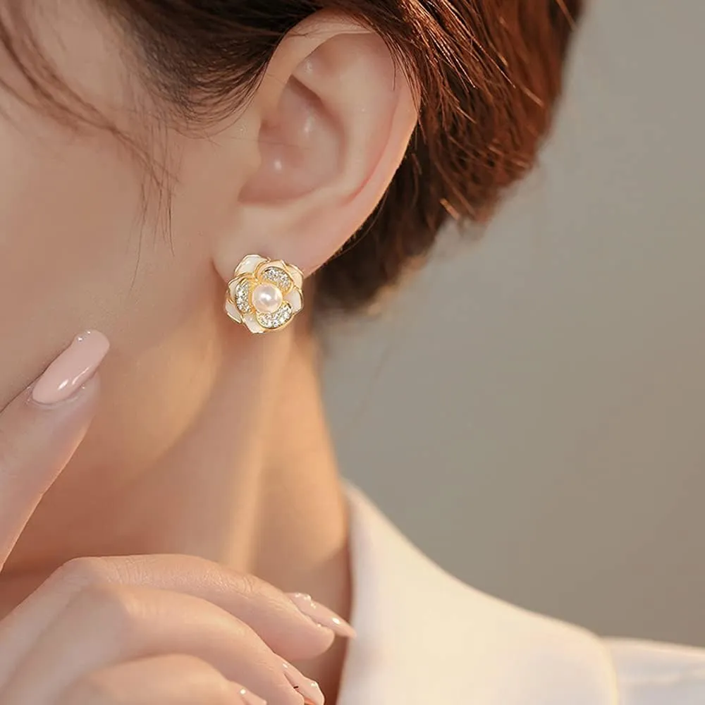 MIKAMU Elegant Pearl Flower StudEarrings for Women 14K Gold CZ cubic zirconia Gold Plated Pearl Earring for Women Jewelry