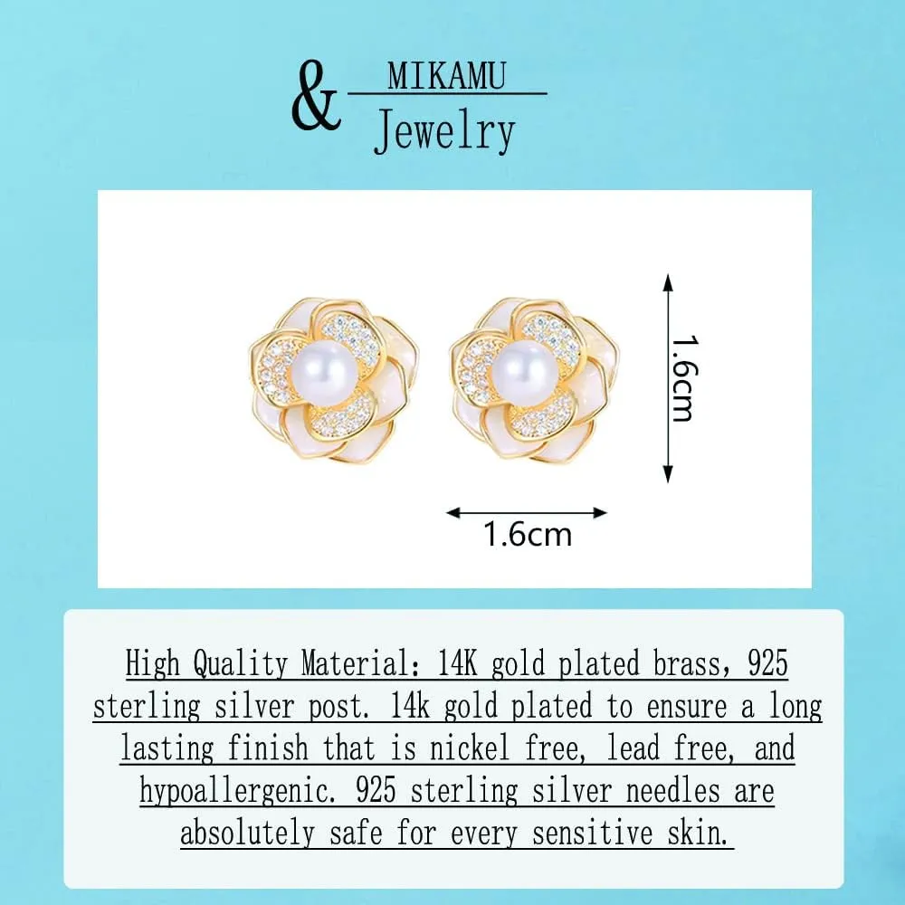 MIKAMU Elegant Pearl Flower StudEarrings for Women 14K Gold CZ cubic zirconia Gold Plated Pearl Earring for Women Jewelry