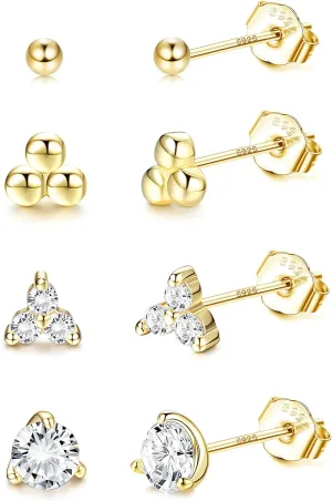 Milacolato Tiny Stud Earrings 14K Gold Plated Sterling Silver Small Trio Ball/Stud CZ Earring Set for Women Minimalist Tragus Cartilage Piercing 20G