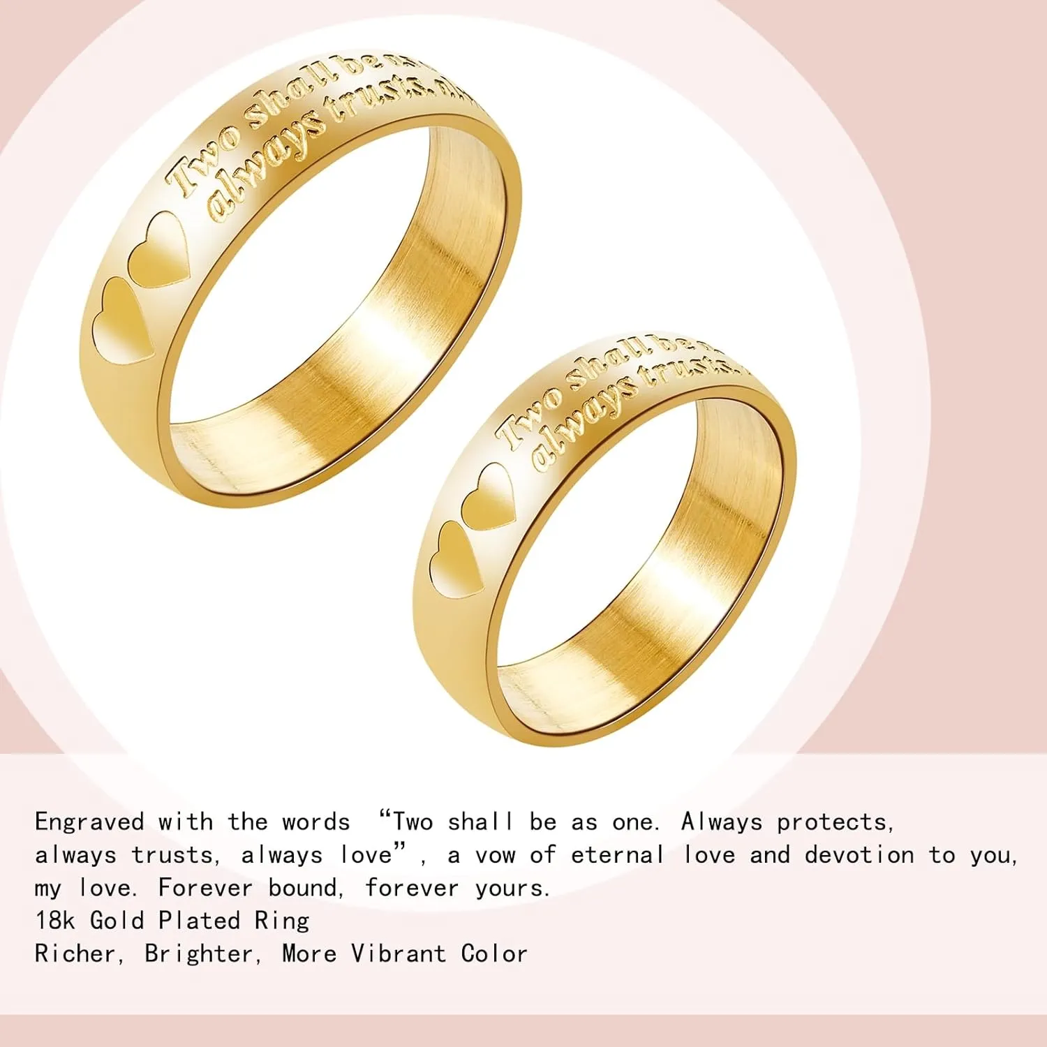 Milreson 18K Gold-Plated Rings for Women Non Tarnish Promise Ring for Couples Engraved Wedding Band for Men and Women with "Two Shall Be As One" Stainless Steel Engagement Ring Ideal Gift for Couples