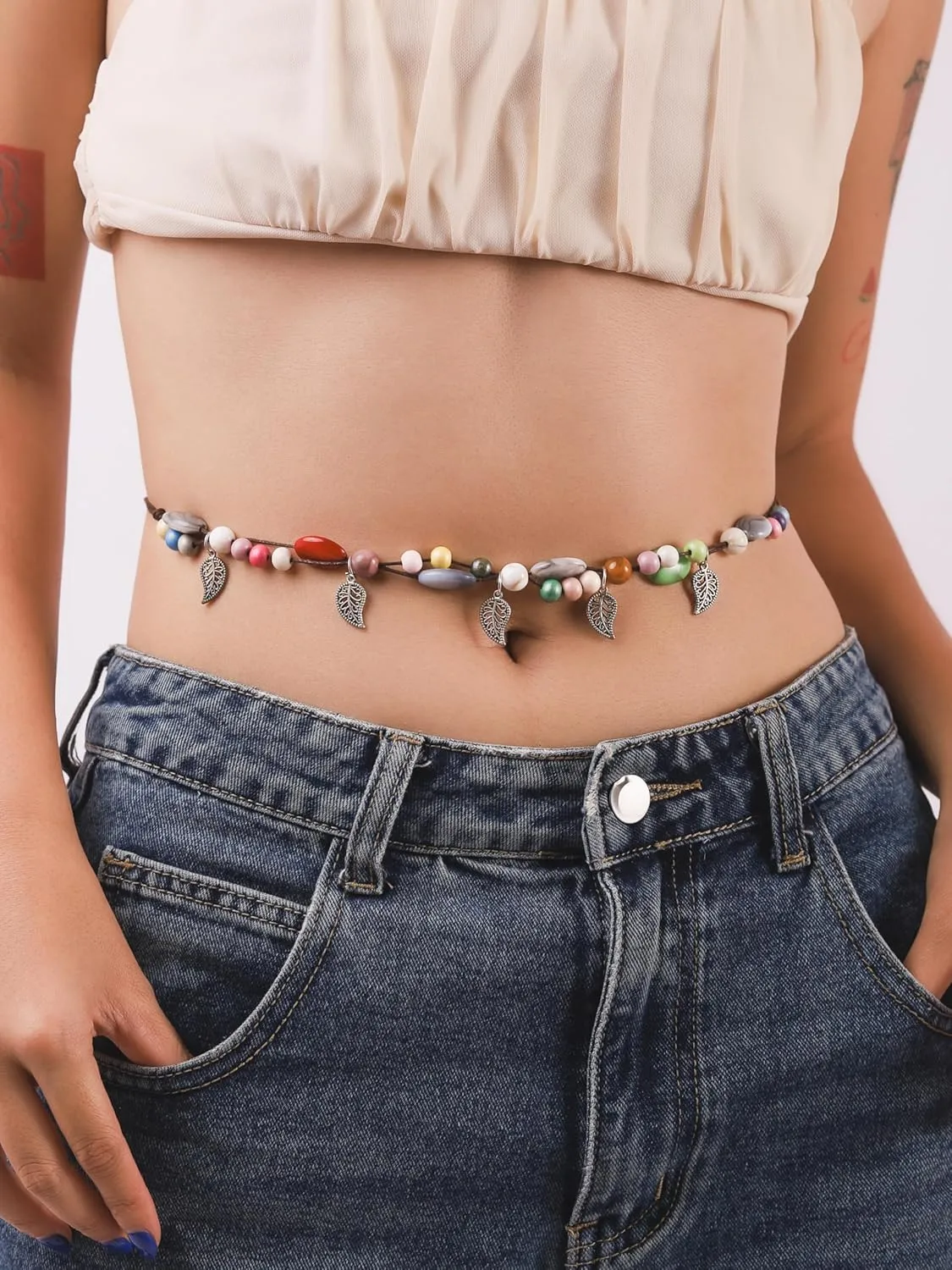 MINACHI Body Chain with Colorful Beads, Hollow Leaf Charms, Tassel Waist Chain, Fashion Beach Style Jewelry for Women