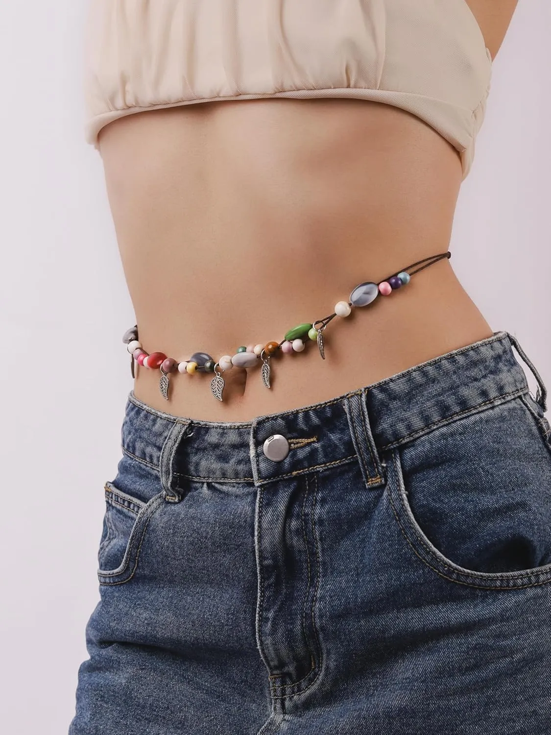 MINACHI Body Chain with Colorful Beads, Hollow Leaf Charms, Tassel Waist Chain, Fashion Beach Style Jewelry for Women