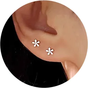 Mini Silver Flower Studs Earrings, 14K White Gold Plated Tiny Daisy Studs Earrings for Women