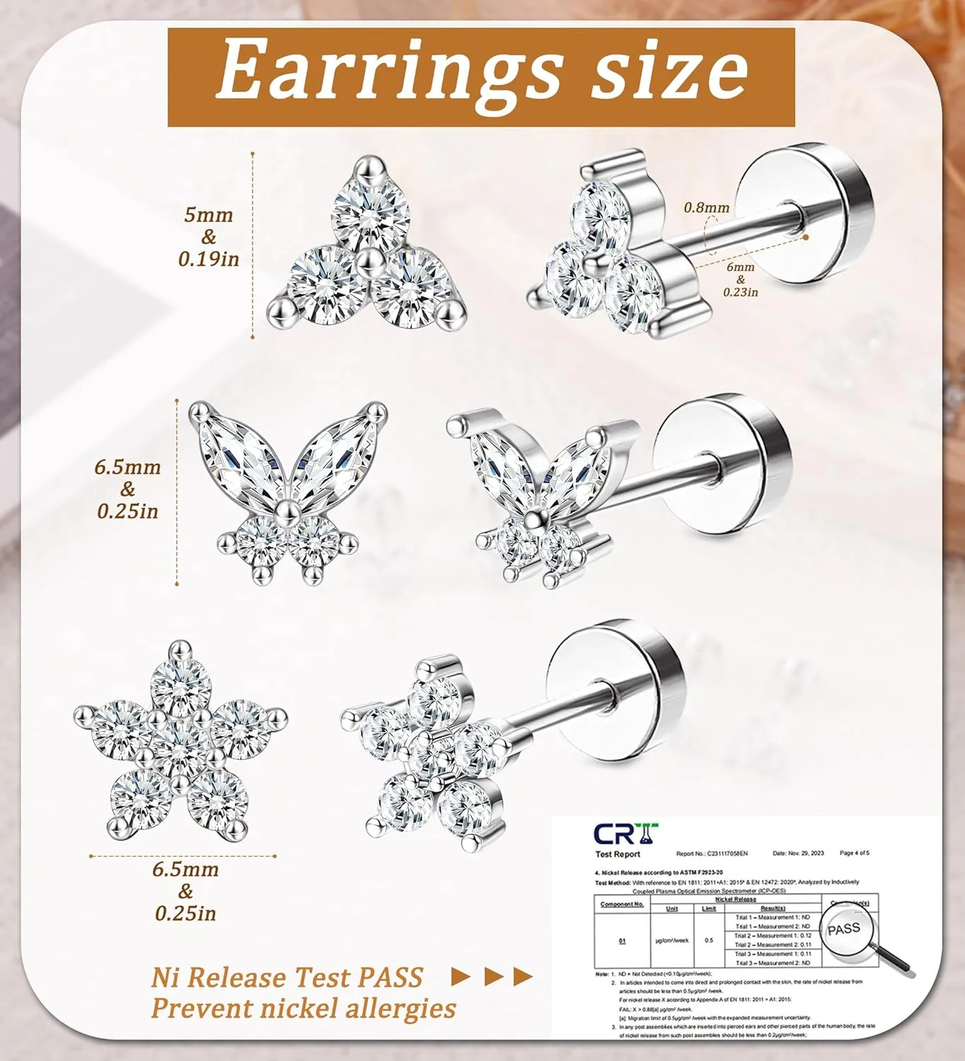 MJust 3 Pairs Hypoallergenic Flatback Stud Earrings Set for Women, Small Stud Earrings for Sensitive Ears with CZ, Cartilage Earring Stacks for Multiple Piercing