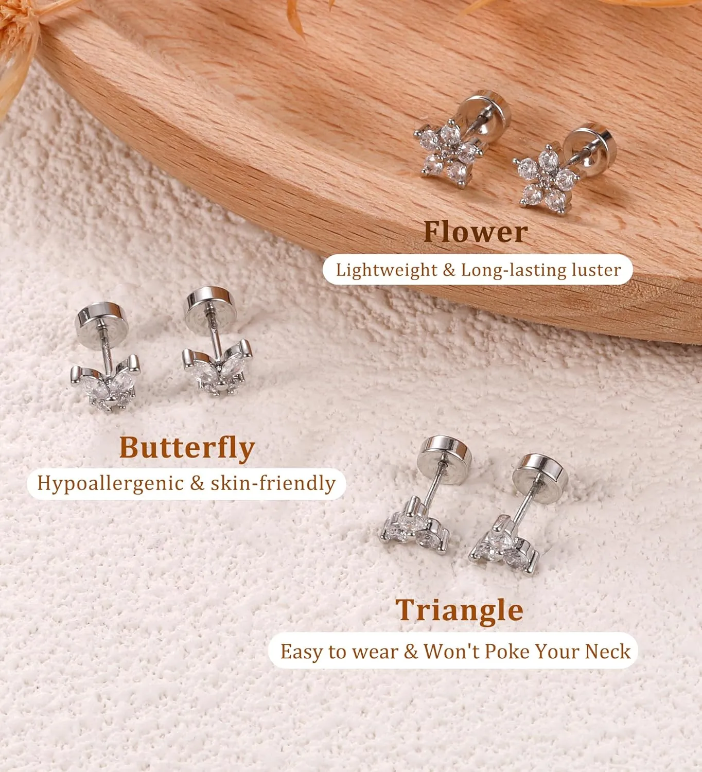 MJust 3 Pairs Hypoallergenic Flatback Stud Earrings Set for Women, Small Stud Earrings for Sensitive Ears with CZ, Cartilage Earring Stacks for Multiple Piercing