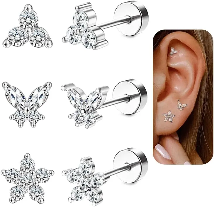 MJust 3 Pairs Hypoallergenic Flatback Stud Earrings Set for Women, Small Stud Earrings for Sensitive Ears with CZ, Cartilage Earring Stacks for Multiple Piercing