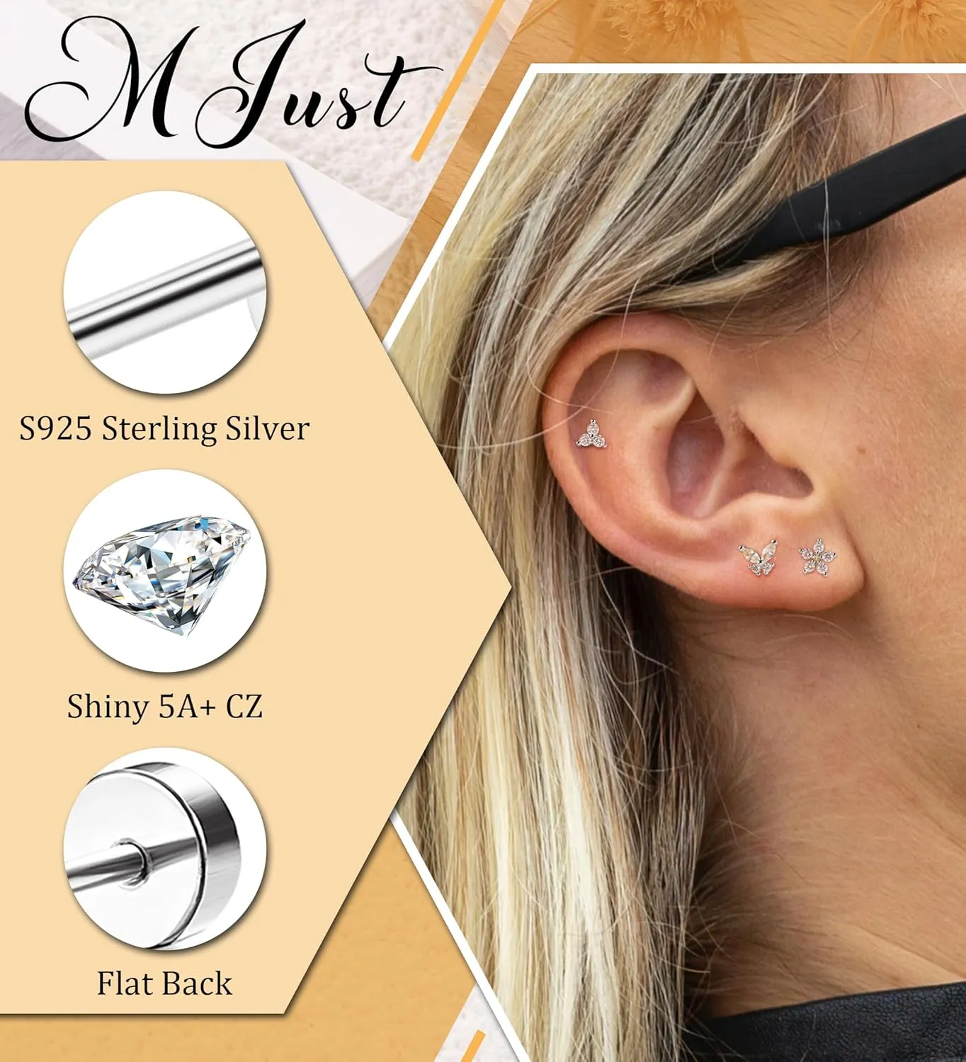 MJust 3 Pairs Hypoallergenic Flatback Stud Earrings Set for Women, Small Stud Earrings for Sensitive Ears with CZ, Cartilage Earring Stacks for Multiple Piercing