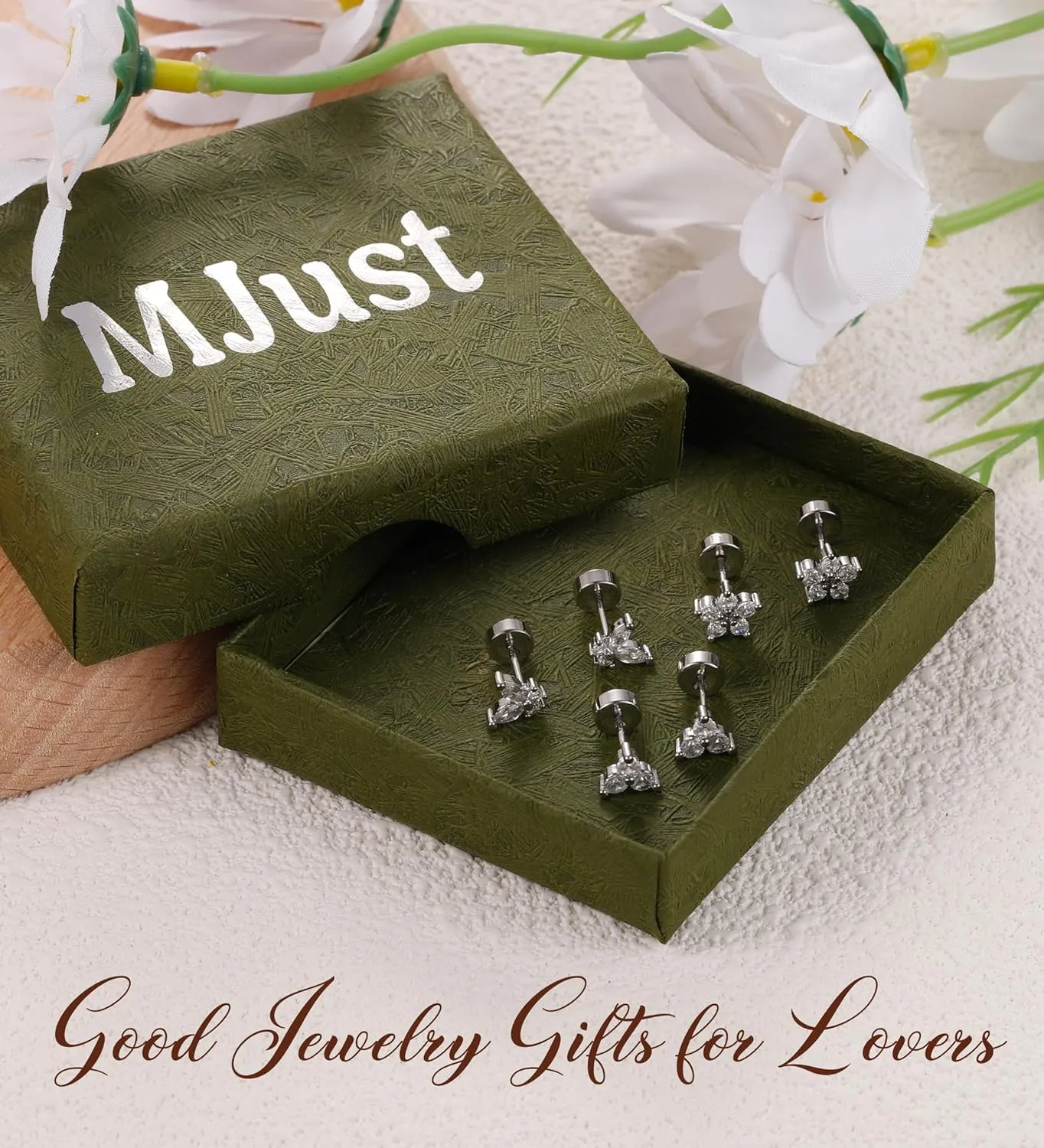 MJust 3 Pairs Hypoallergenic Flatback Stud Earrings Set for Women, Small Stud Earrings for Sensitive Ears with CZ, Cartilage Earring Stacks for Multiple Piercing