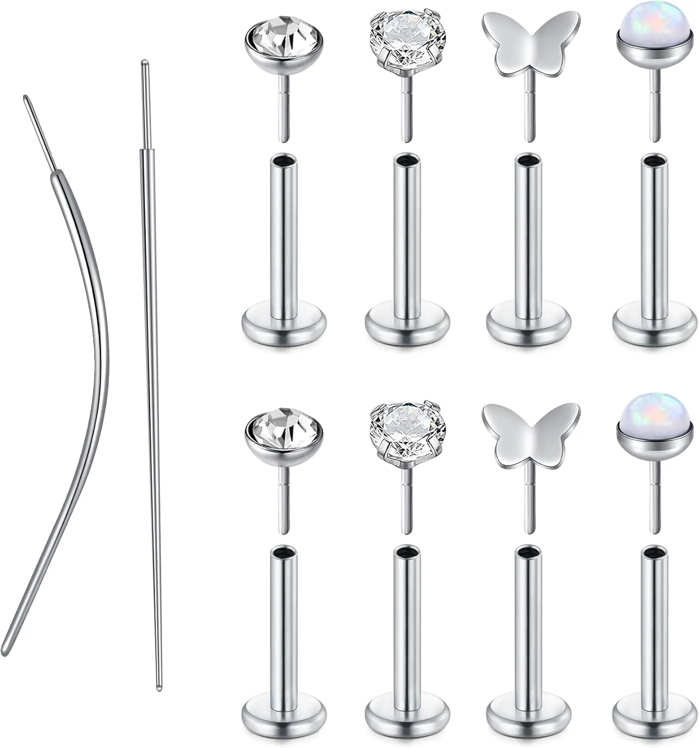 MODRSA Silver & Gold Threadless Nose Studs 20g & 18g Flat Back, Cartilage & Conch Earring Studs for Women 6mm & 8mm