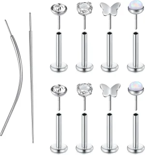 MODRSA Silver & Gold Threadless Nose Studs 20g & 18g Flat Back, Cartilage & Conch Earring Studs for Women 6mm & 8mm