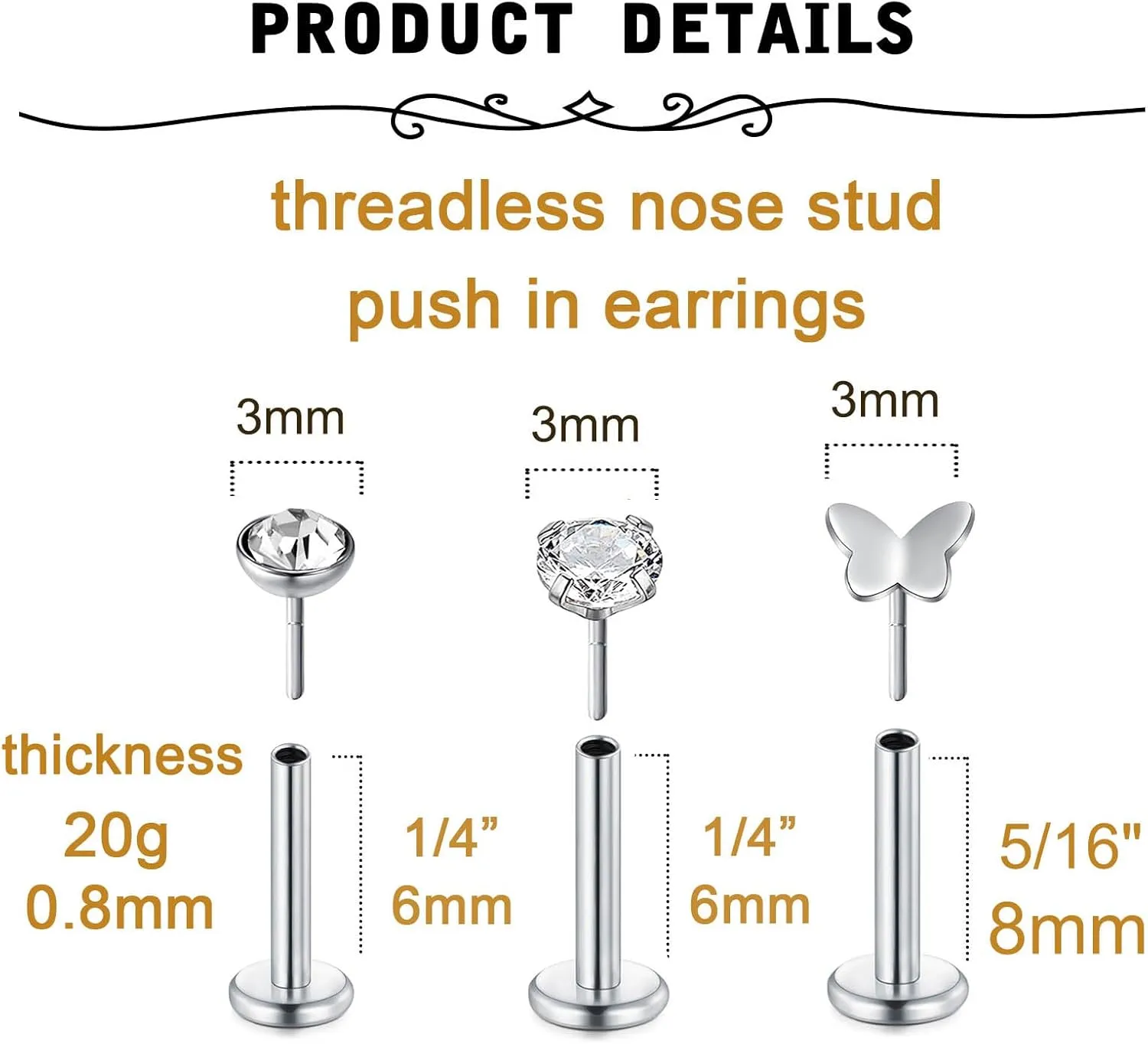 MODRSA Silver & Gold Threadless Nose Studs 20g & 18g Flat Back, Cartilage & Conch Earring Studs for Women 6mm & 8mm