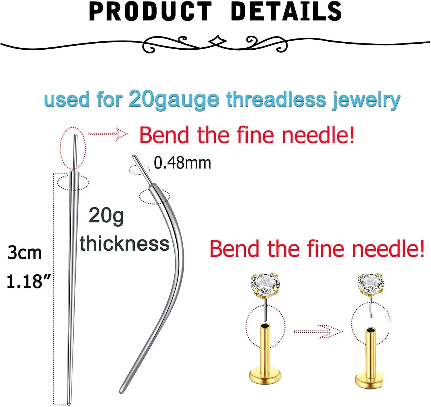 MODRSA Silver & Gold Threadless Nose Studs 20g & 18g Flat Back, Cartilage & Conch Earring Studs for Women 6mm & 8mm