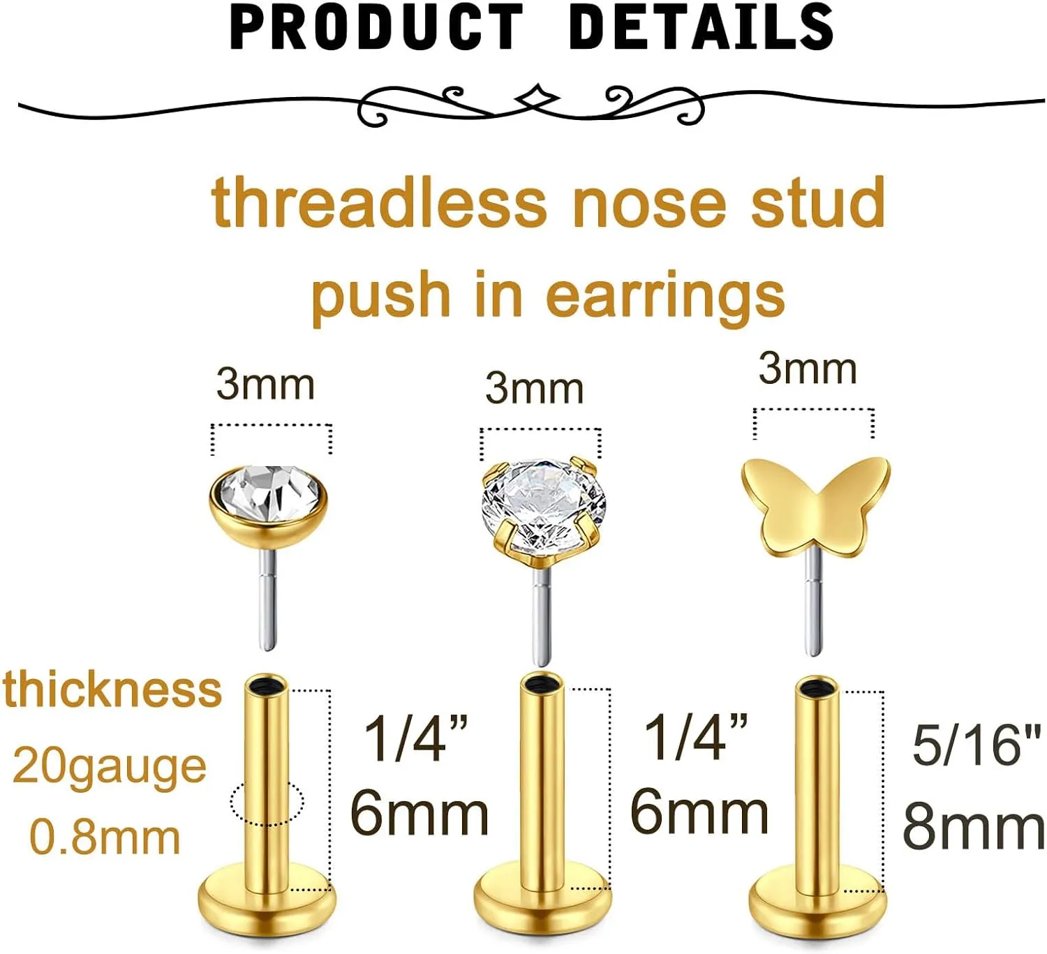 MODRSA Silver & Gold Threadless Nose Studs 20g & 18g Flat Back, Cartilage & Conch Earring Studs for Women 6mm & 8mm