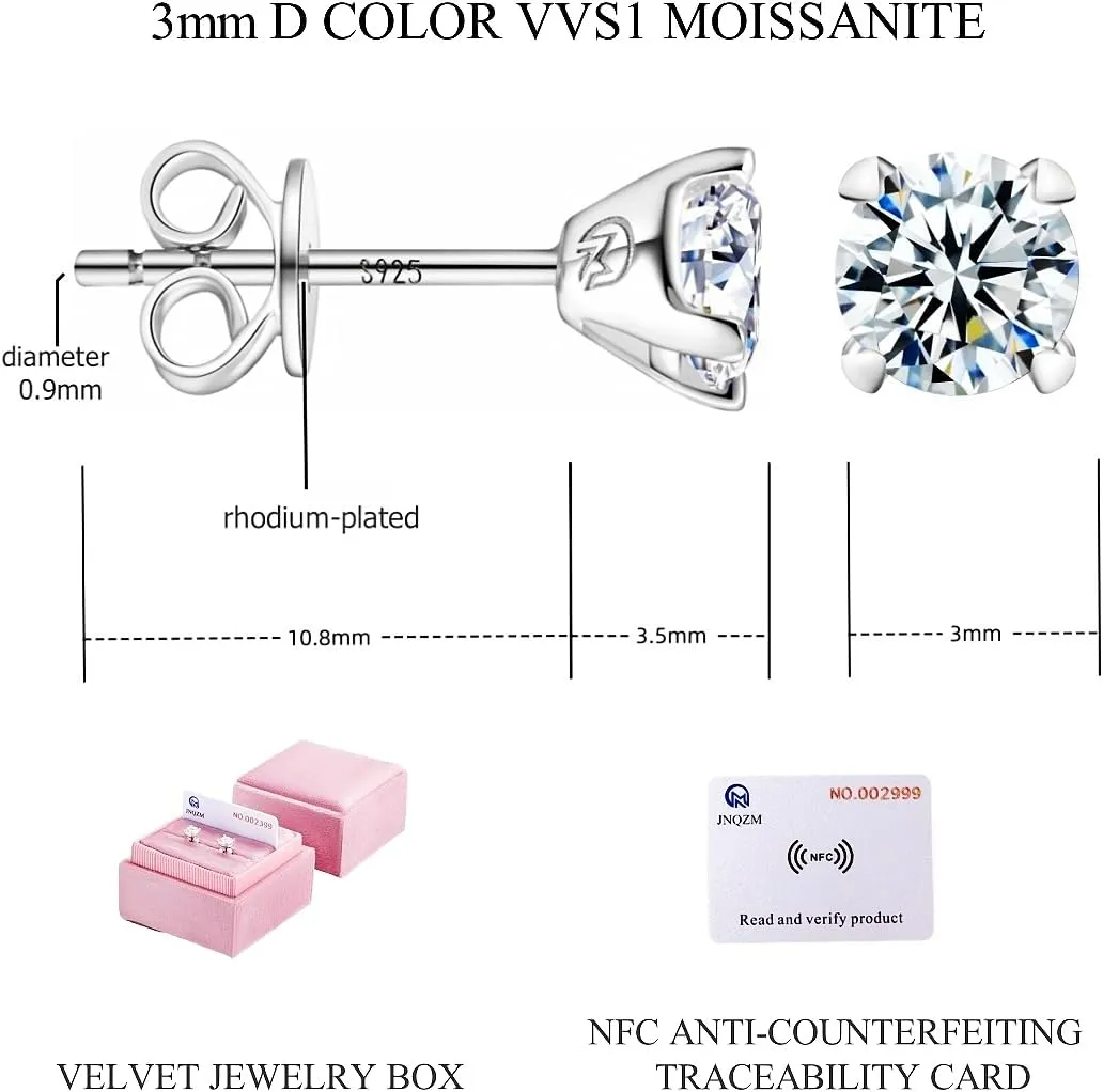 Moissanite Stud Earrings for Women, Rhodium Plated 925 Sterling Silver Earrings for Women Men Engagement Gifts