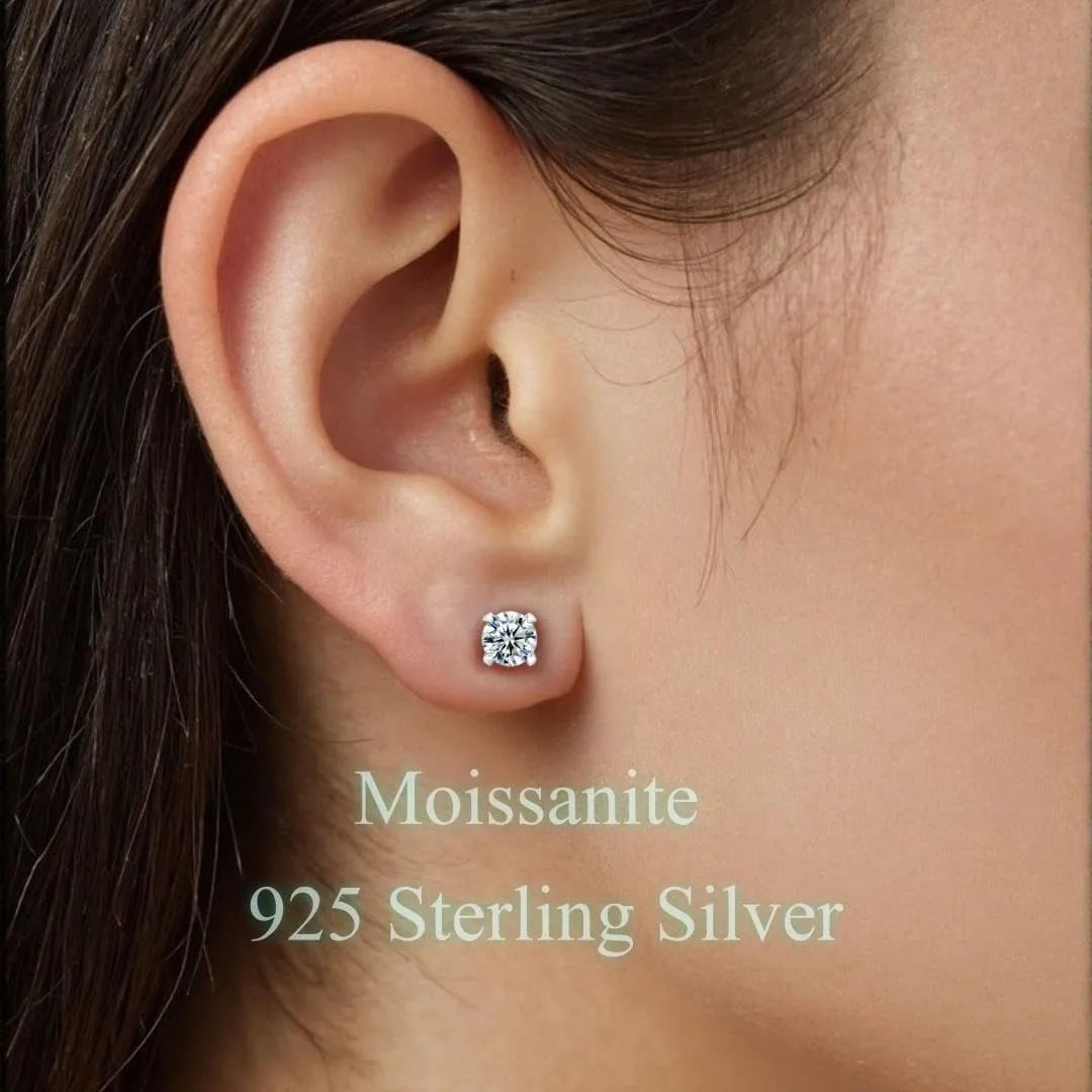 Moissanite Stud Earrings for Women, Rhodium Plated 925 Sterling Silver Earrings for Women Men Engagement Gifts