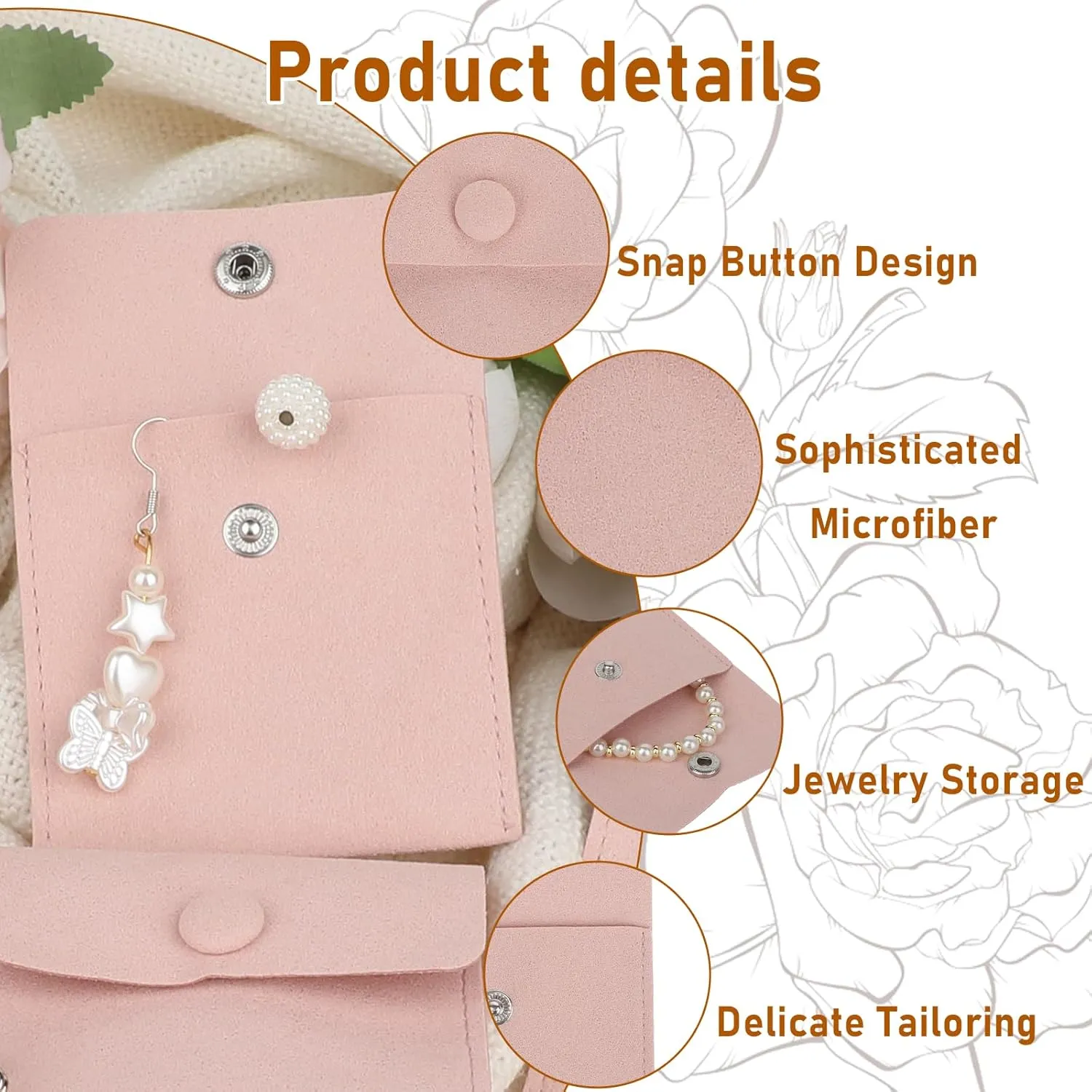 Molain Travel Jewelry Bags, 12Pcs Microfiber Jewelry Bags Mini Portable Jewelry Pouch Snap Button Pockets Storage Bag Organizer Case for Women Girl Gift(Pink)