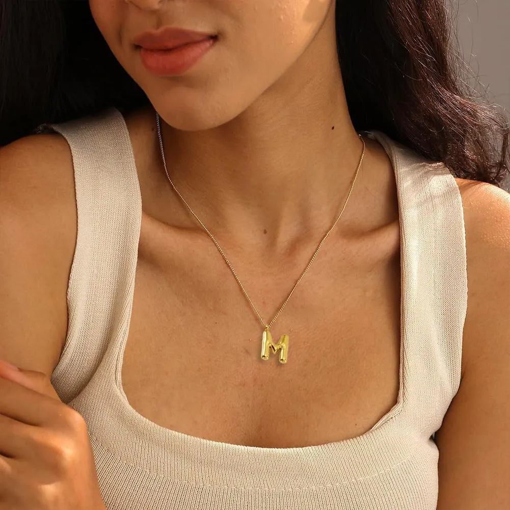 Mothers Day Gift - Bubble Alphabet Name Initial Necklace 14k Real Gold Plated Stainless Steel Dainty Charm Balloon Personalized Letter Jewelry for Women Men Anniversary Birthday