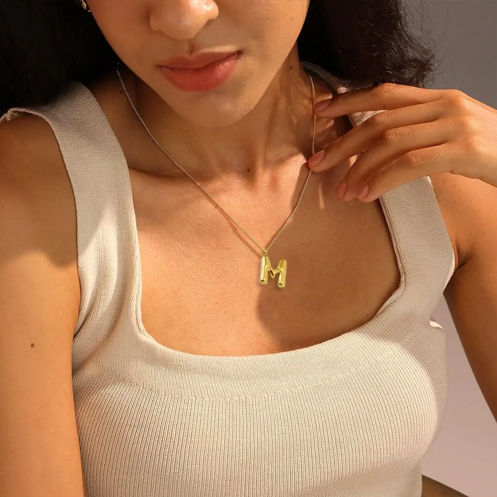Mothers Day Gift - Bubble Alphabet Name Initial Necklace 14k Real Gold Plated Stainless Steel Dainty Charm Balloon Personalized Letter Jewelry for Women Men Anniversary Birthday